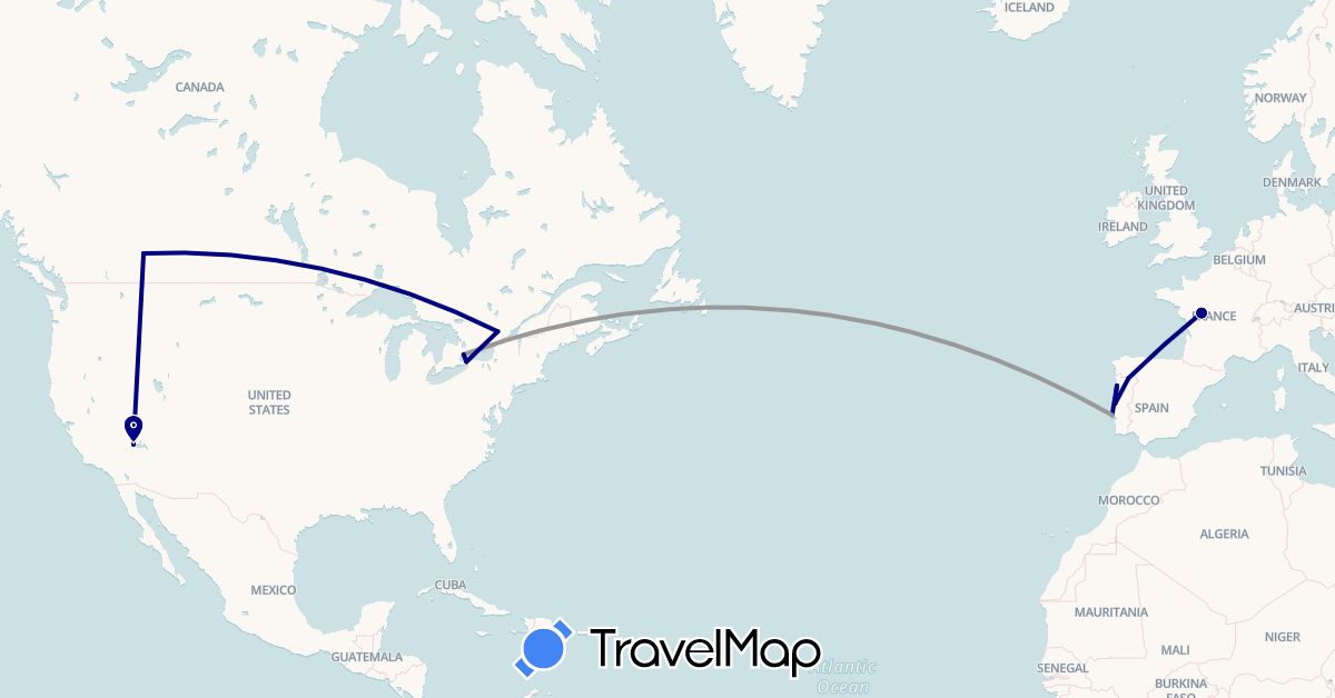 TravelMap itinerary: driving, plane in Canada, France, Portugal, United States (Europe, North America)